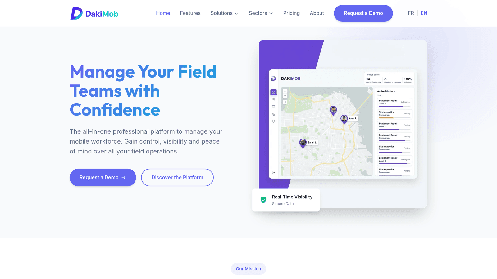 The Dakimob homepage for a field-workforce management platform.